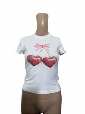 Edikted Cherry Graphic Baby Tee Y2K Pink Bow Fitted Top